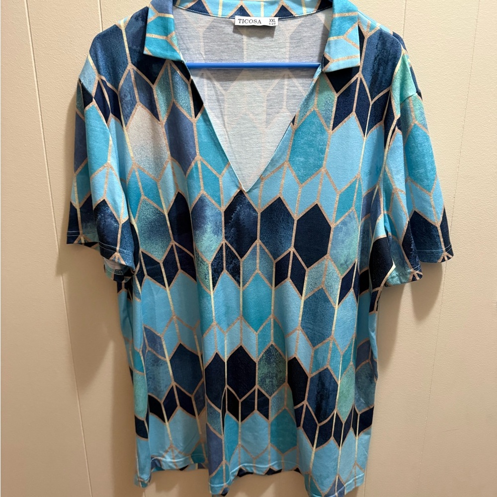 Blue Geometric Patterned Shirt